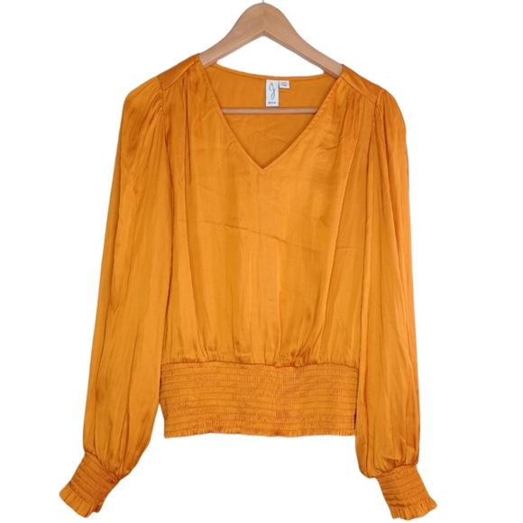 Joie Satin V-Neck Puff Sleeve Mocked Waist Blouse - Picture 1 of 15